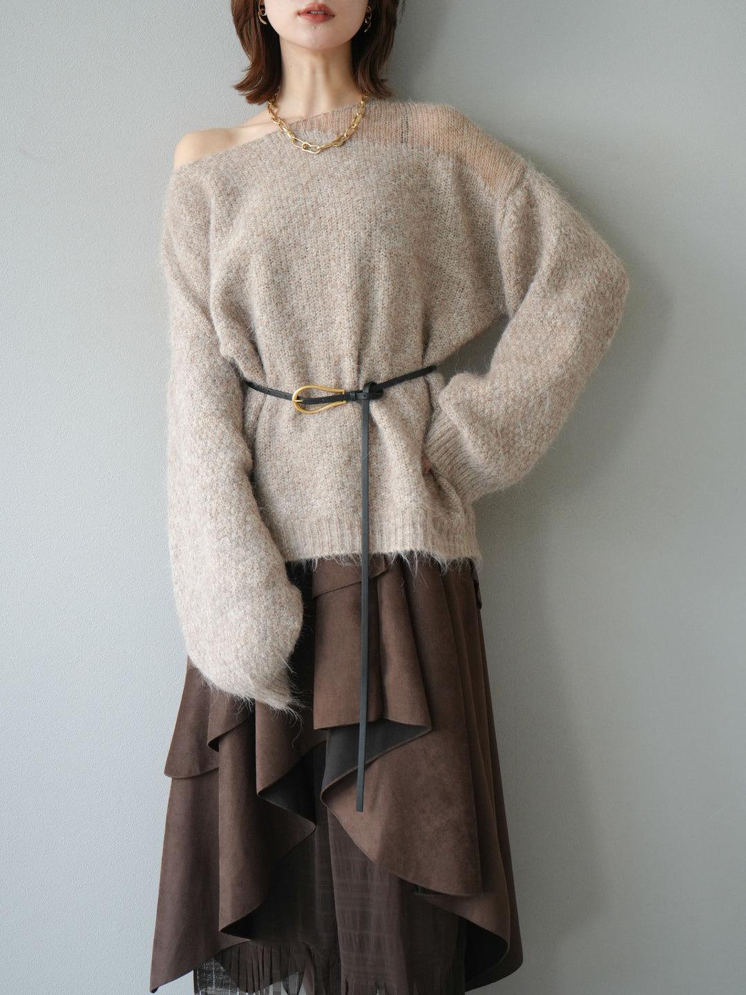 [予約]ネック透かし編みニットプルオーバー/ベージュ