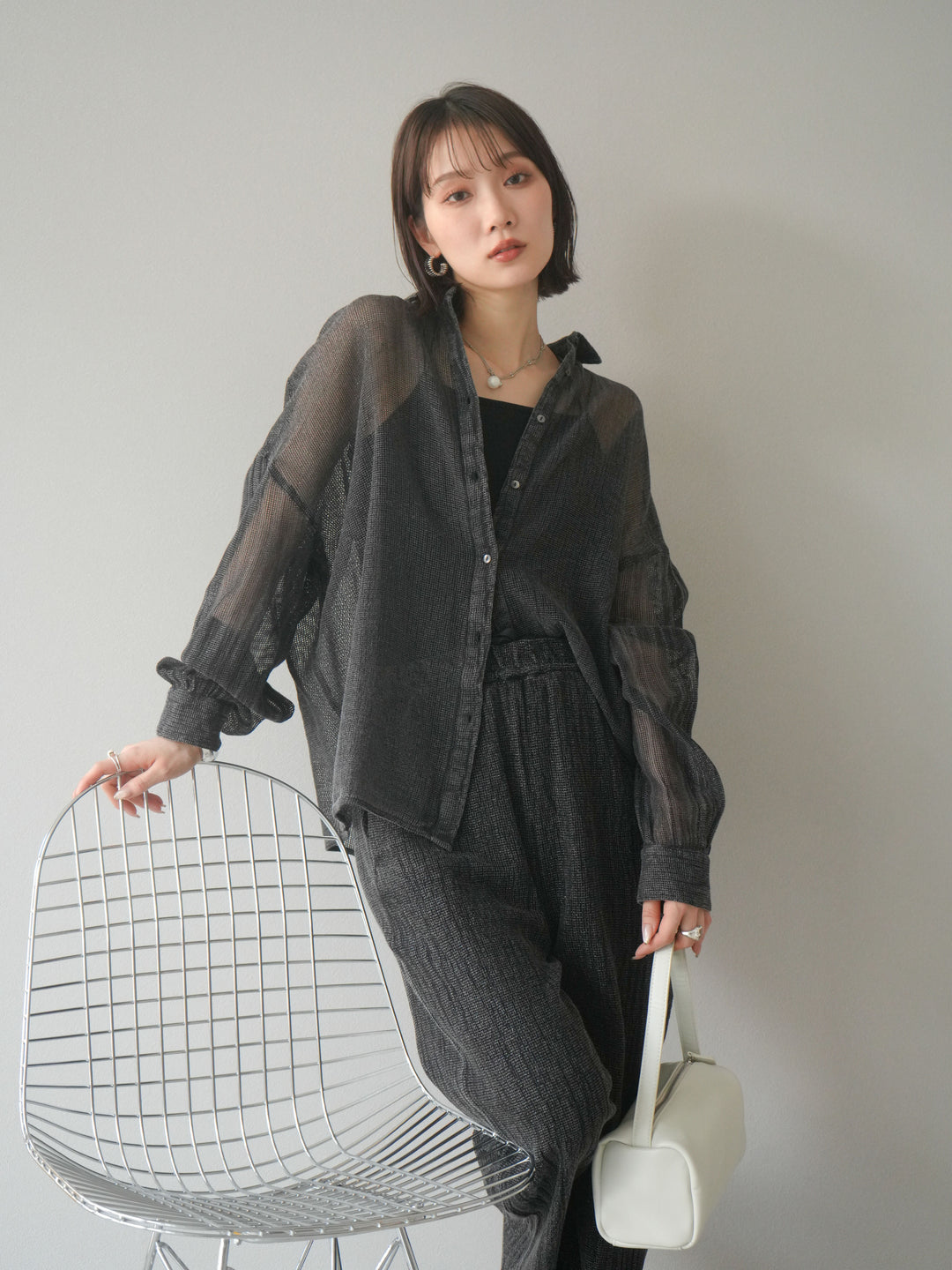 [予約]コットンラメメッシュオーバーシャツ/グレー