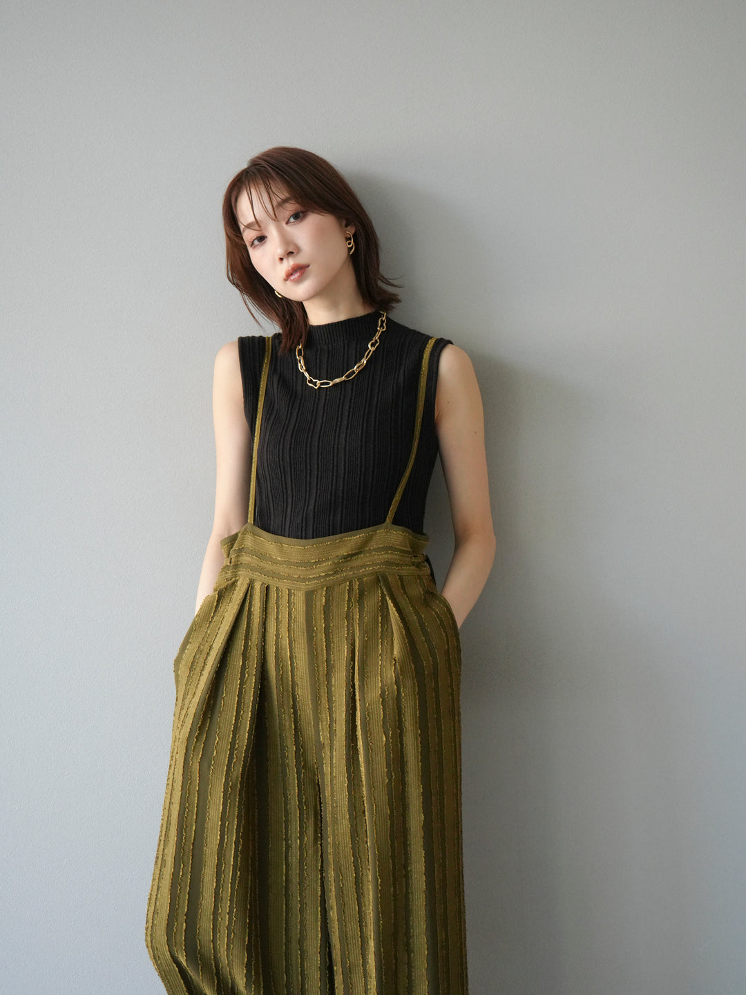 [予約]ジャガードストライプサロペット/カーキ