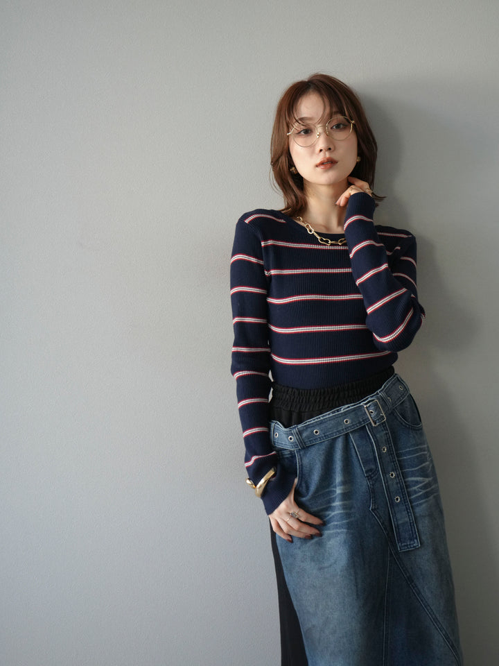 [予約]バックオープンボーダーテレコリブトップス/ネイビー