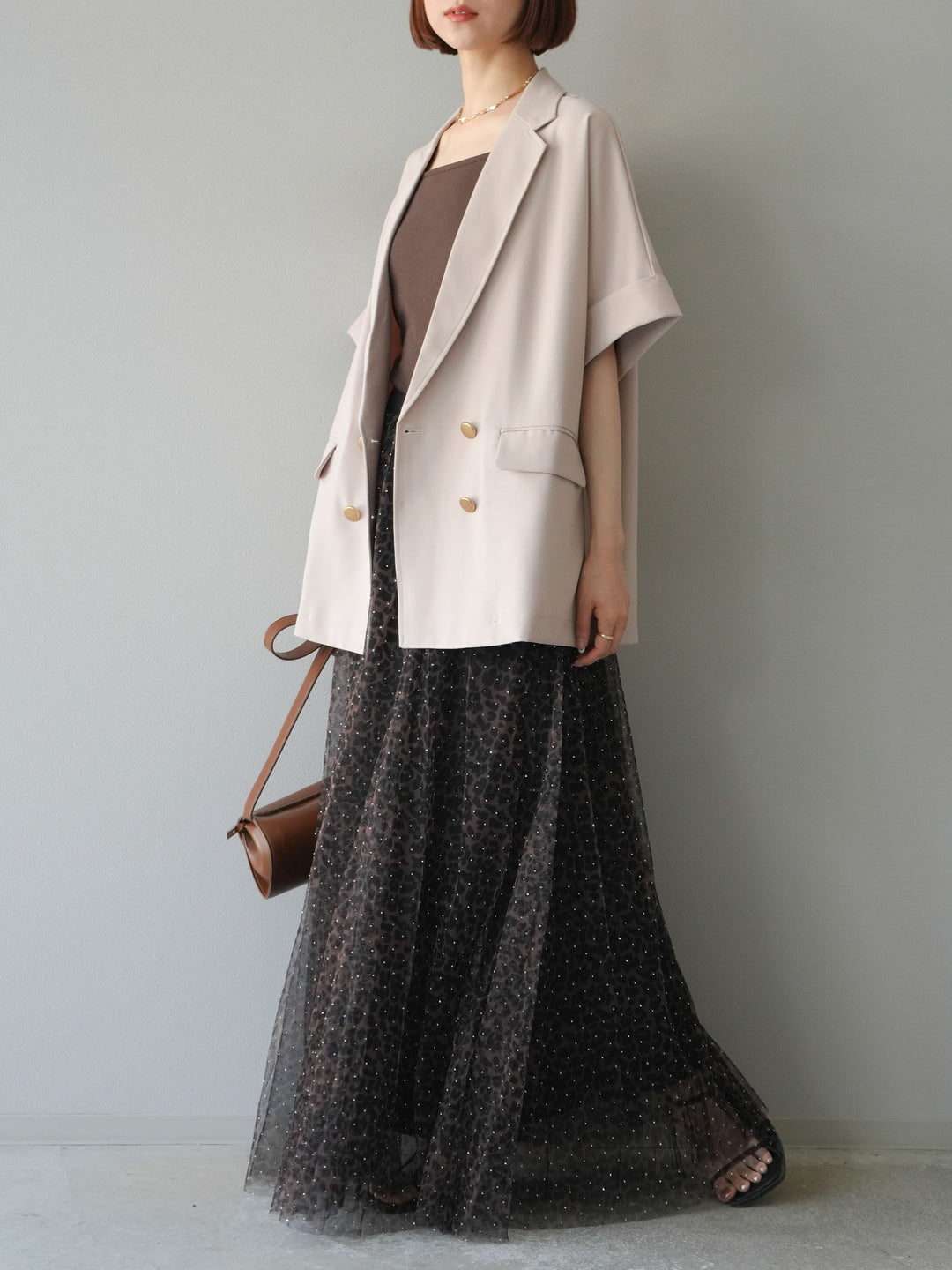 [5] 豹紋薄紗層疊百褶裙/摩卡色