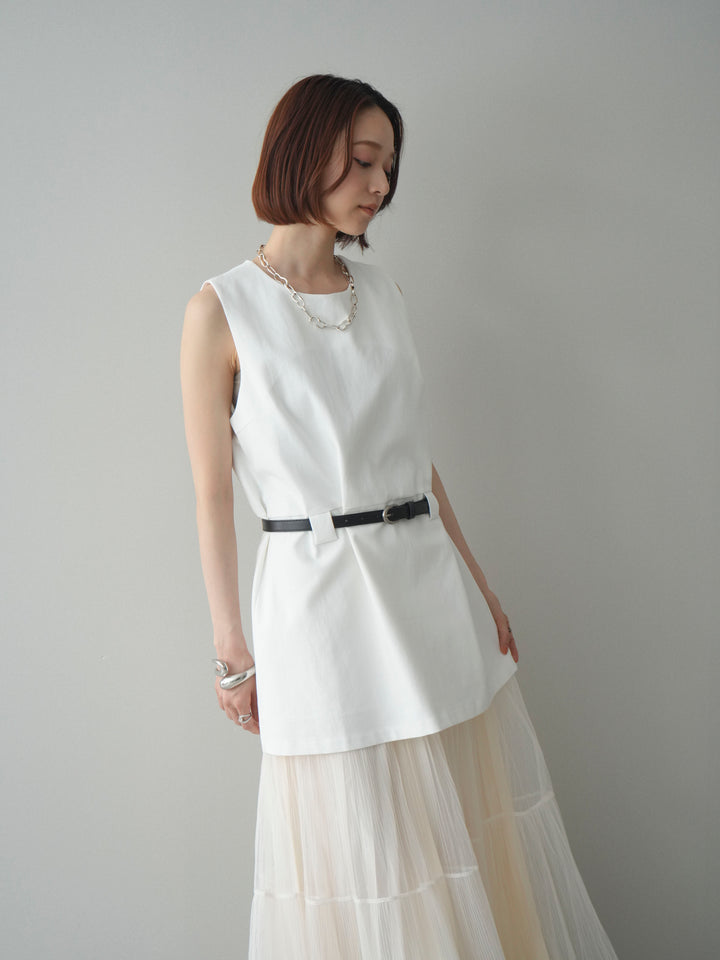 [SET]ベルト付リネンライクノースリチュニック+ラメプリーツレイヤードチュールロングスカート(2set)