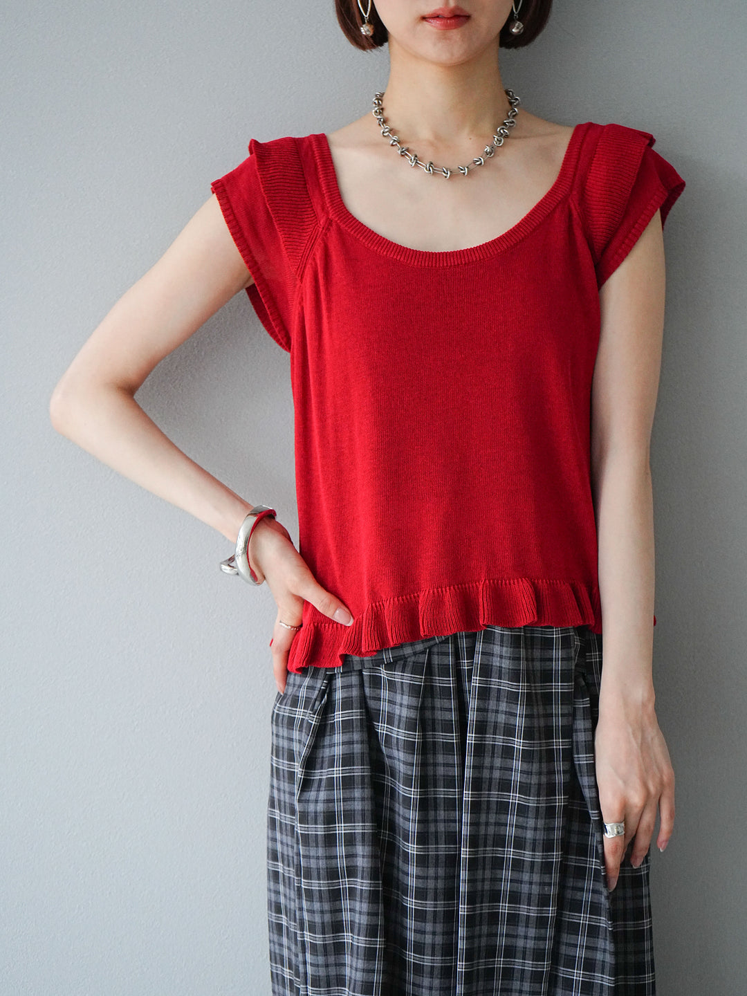 [予約]リネンタッチフリルニットタンクトップ/レッド