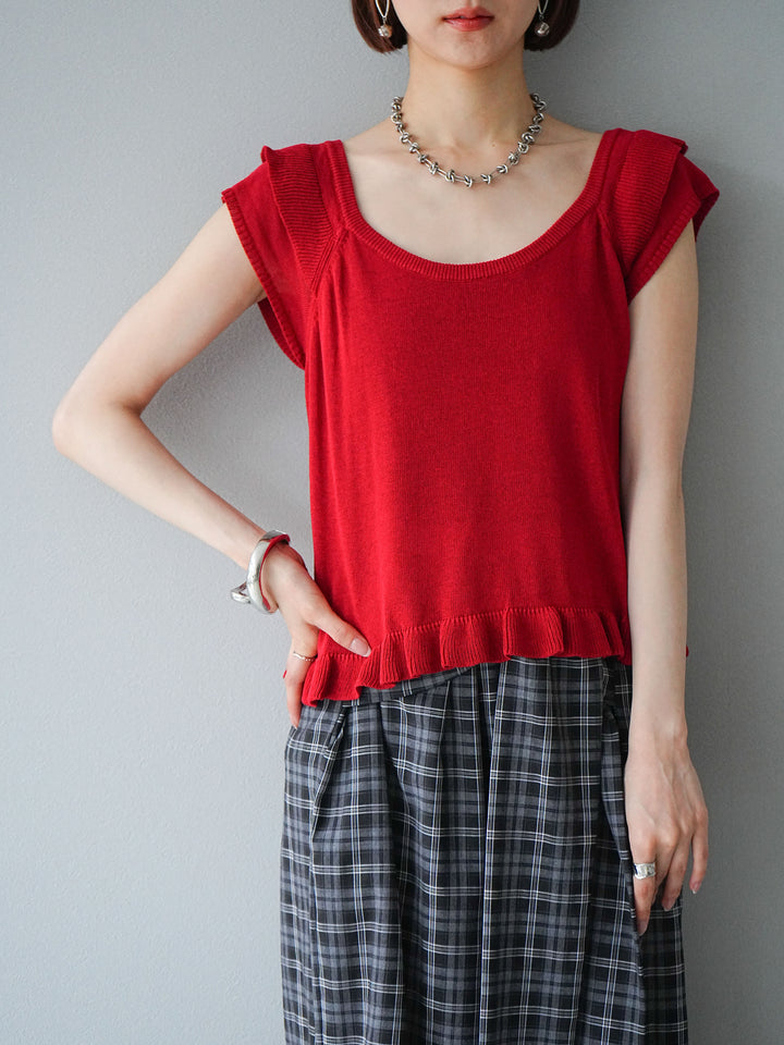 [予約]リネンタッチフリルニットタンクトップ/レッド