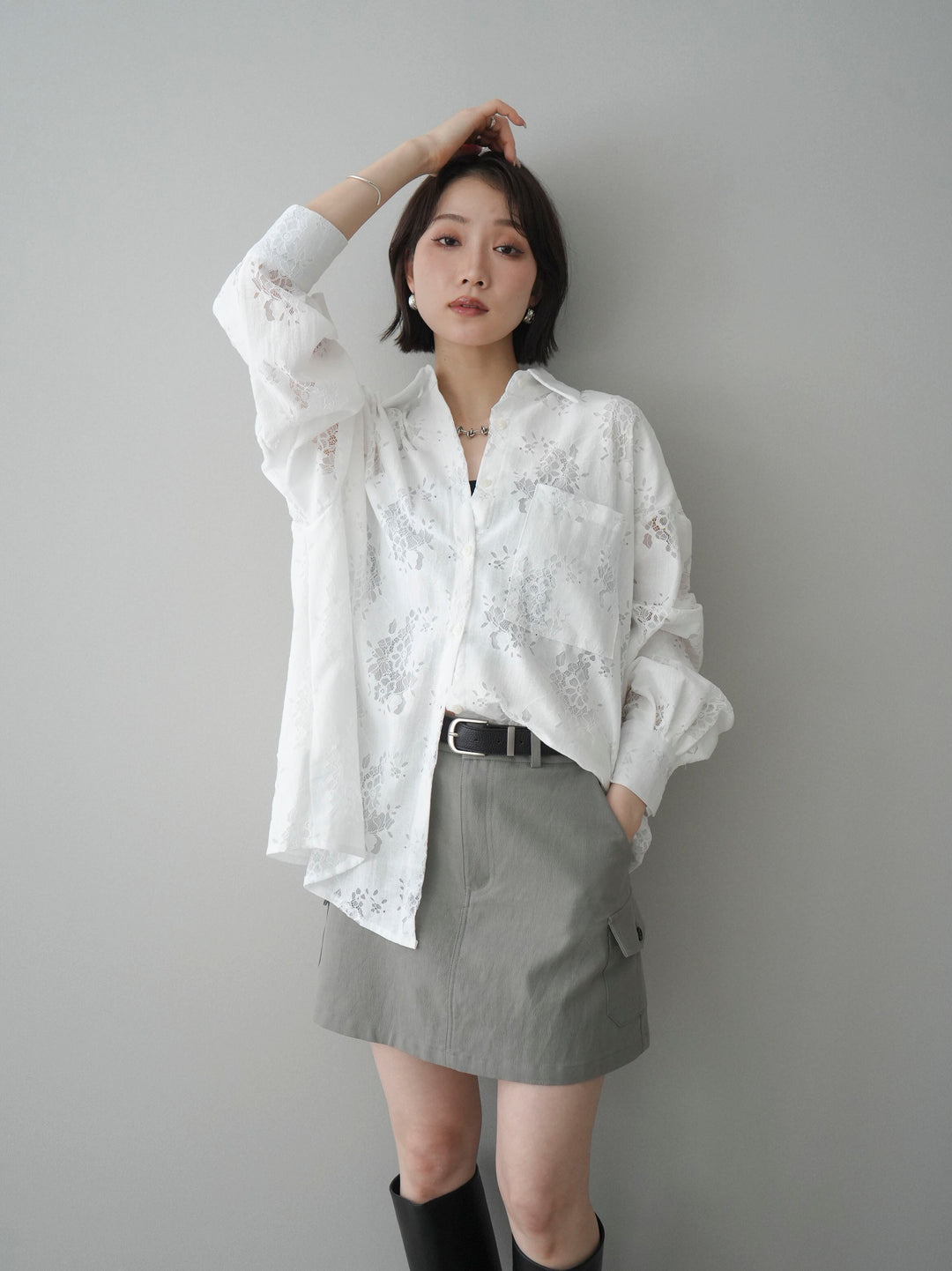 【套裝】提花蕾絲罩衫+繫帶工裝迷你裙（兩件套）