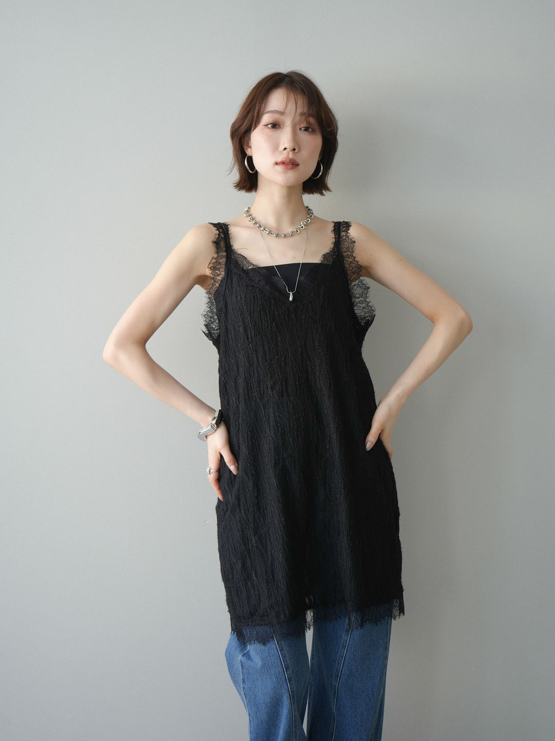 [予約]レース切替ジャガードニットロングキャミソール/black