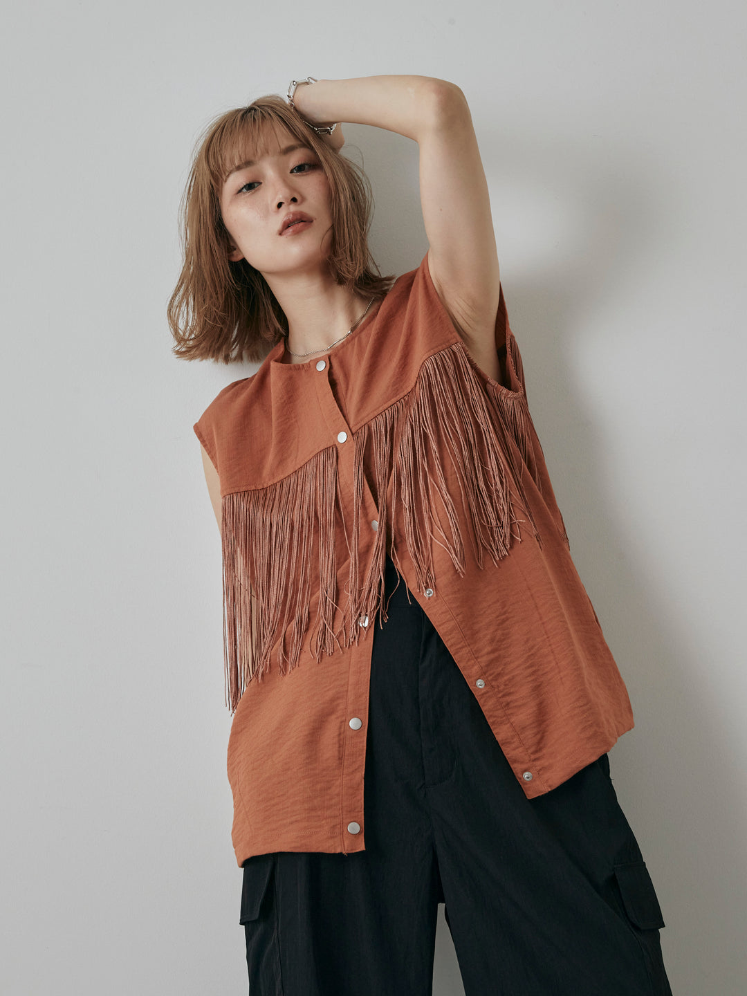 【預購】流蘇無袖上衣/摩卡色