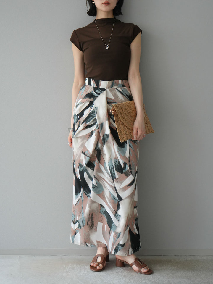 [預購] 度假風印花褶襉I字裙/綠色