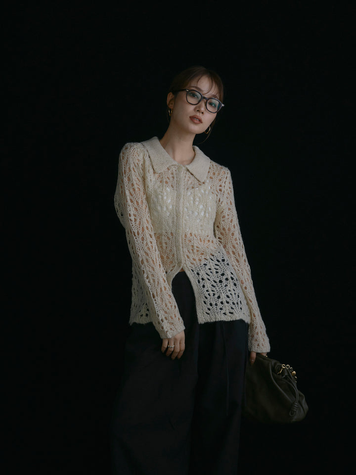 【Allure】[SET]ローゲージ透かし編みポロニッカーディガン+ローゲージ透かし編みポロニッカーディガン(2set)