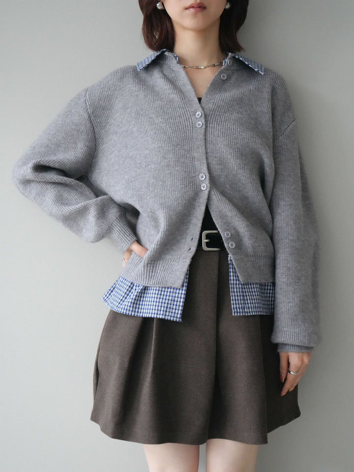 [SET]チェックシャツ襟ニットカーディガン+ベルト付きタックミニスカート(2set)
