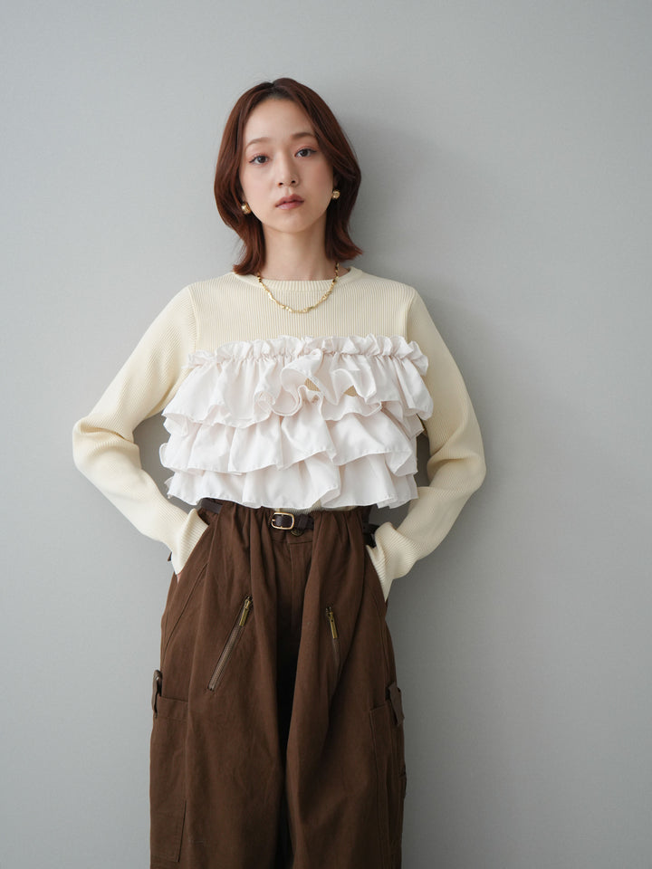 [SET]フリルビスチェドッキングスポンジニットプルオーバー+コットンタックループパンツ(2set)