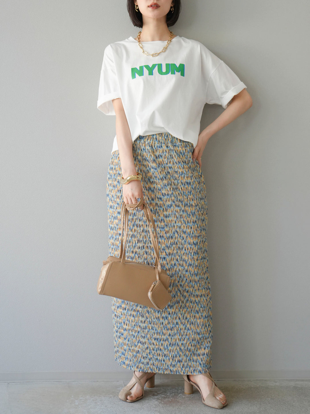 [予約]マルチカラーランダムプリーツタイトスカート/イエロー