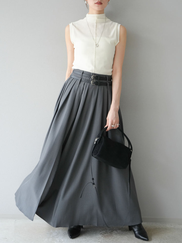 [SET]シアーベロアプチネックノースリーブトップス+エステルプリーツスリットスカート(2set)