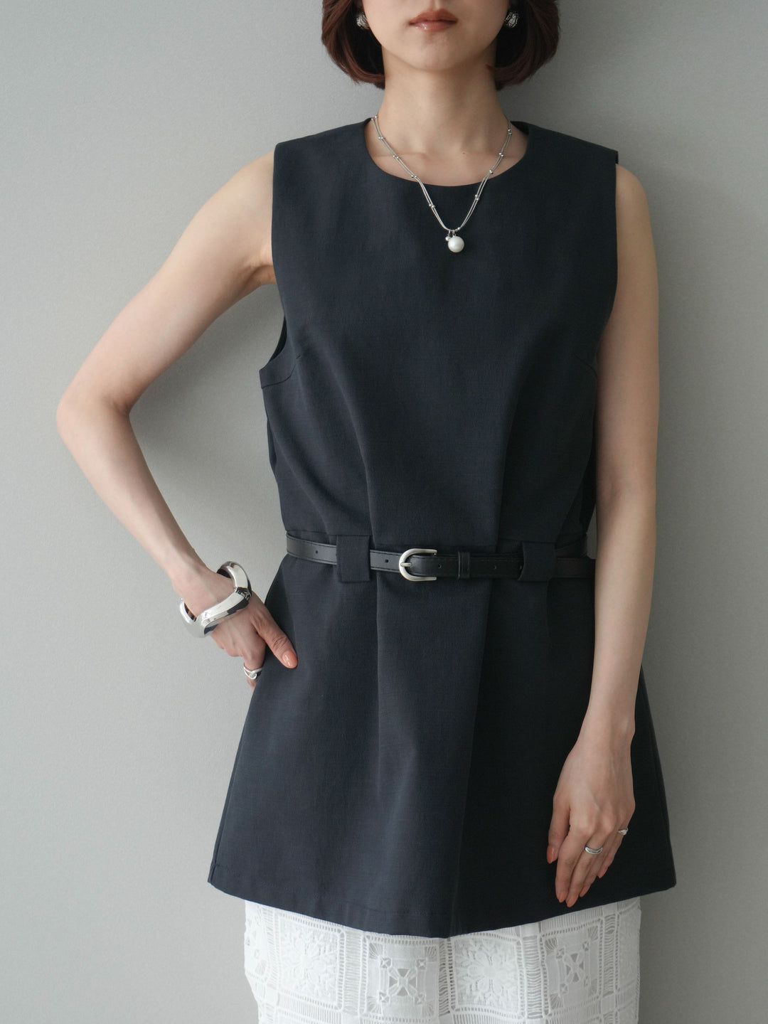 [SET]ベルト付リネンライクノースリチュニック+ベルト付リネンライクノースリチュニック(2set)