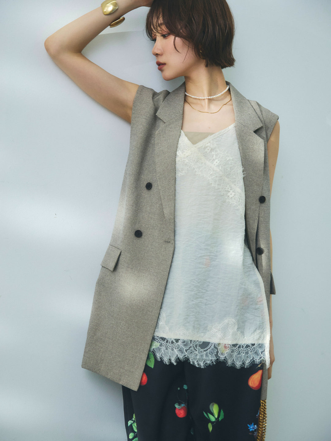 【Allure】[SET]杢調ミディ丈テーラードジレ+杢調ミディ丈テーラードジレ(2set)