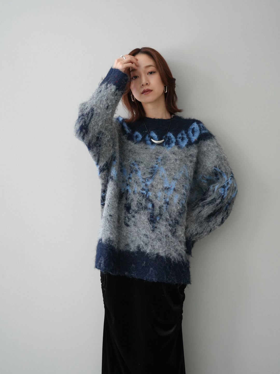 [SET]シャギーニュアンス柄ニットプルオーバー+ギャザーベロアスカート(2set)