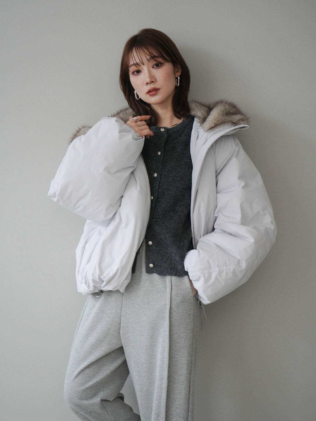 [予約]フードファーショートダウンコート/lightgray