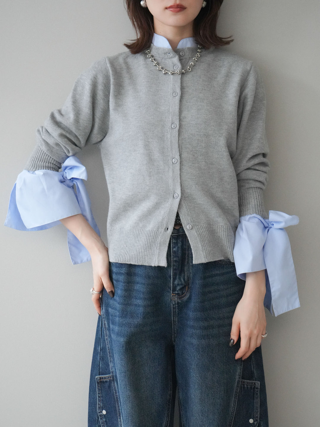 [予約]ウールライクリボンシャツカーディガン/gray