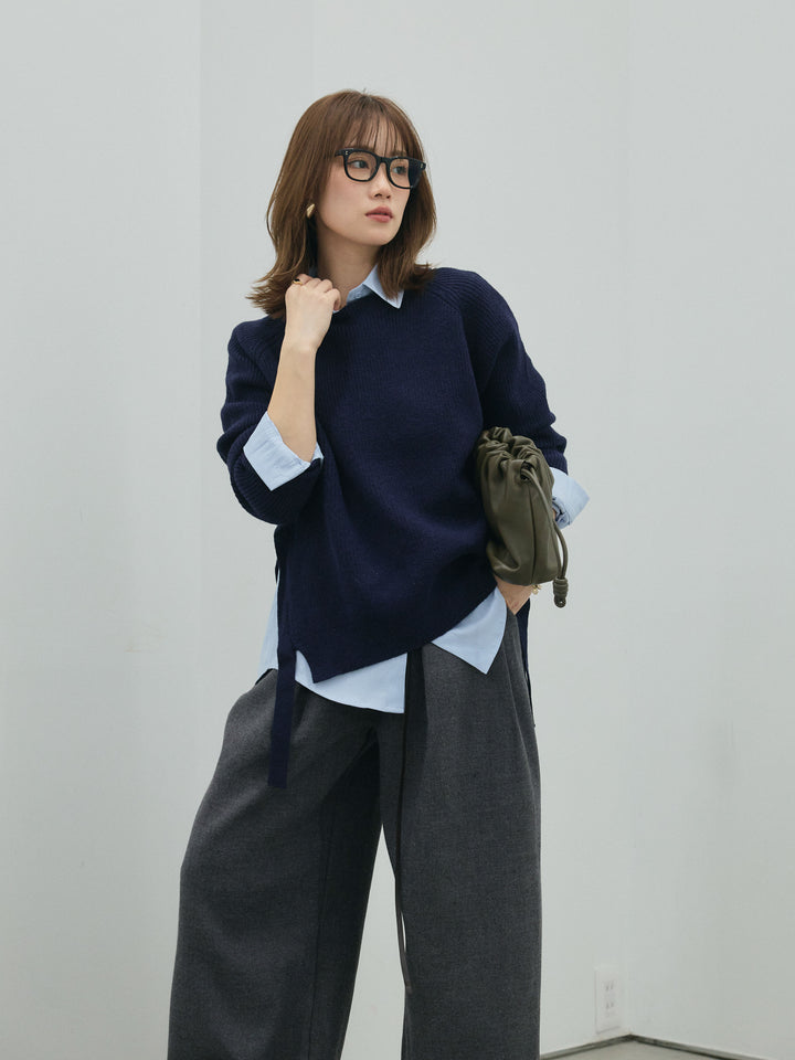 [予約]サイドスリット畦編みニットプルオーバーシャツアンサンブル/navy