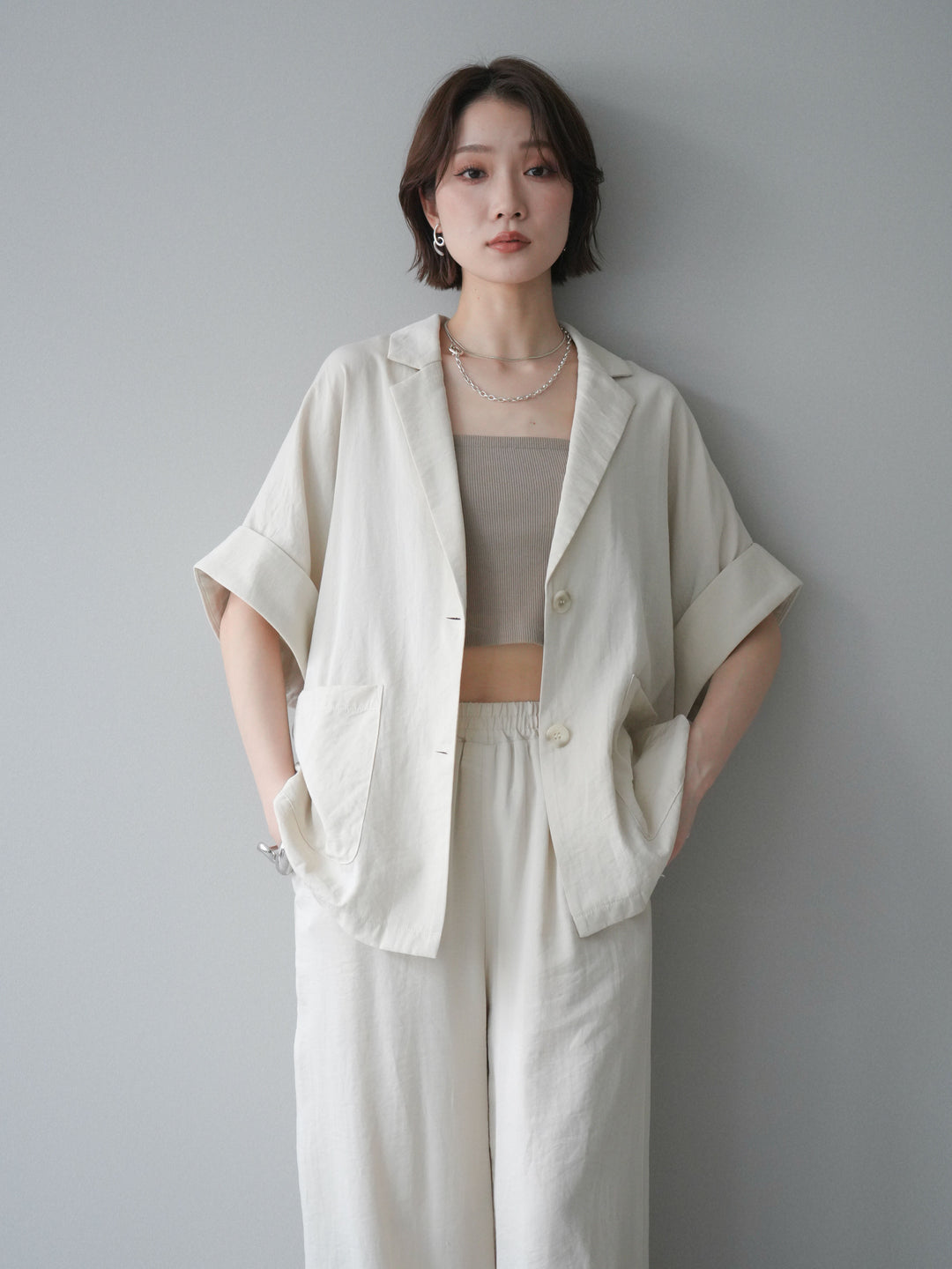 [SET]ハーフスリーブオーバージャケット+リラックスワイドパンツ(2set)
