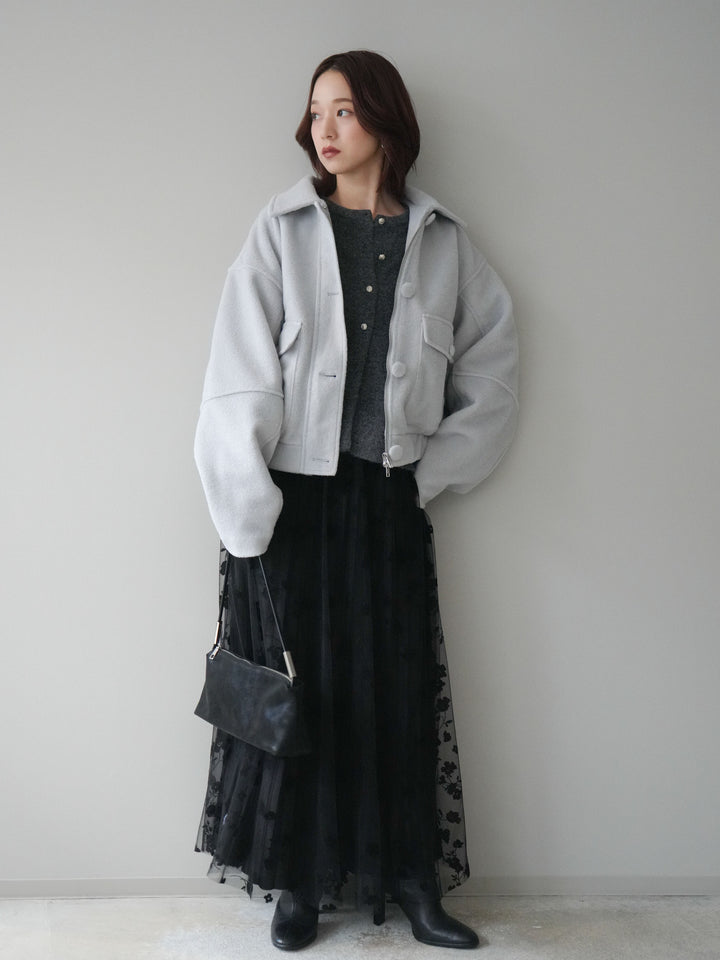 [SET]ウールライクフライトジャケット+アンティークボタンニットカーディガン+フラワーフロッキーチュールプリーツスカート(3set)