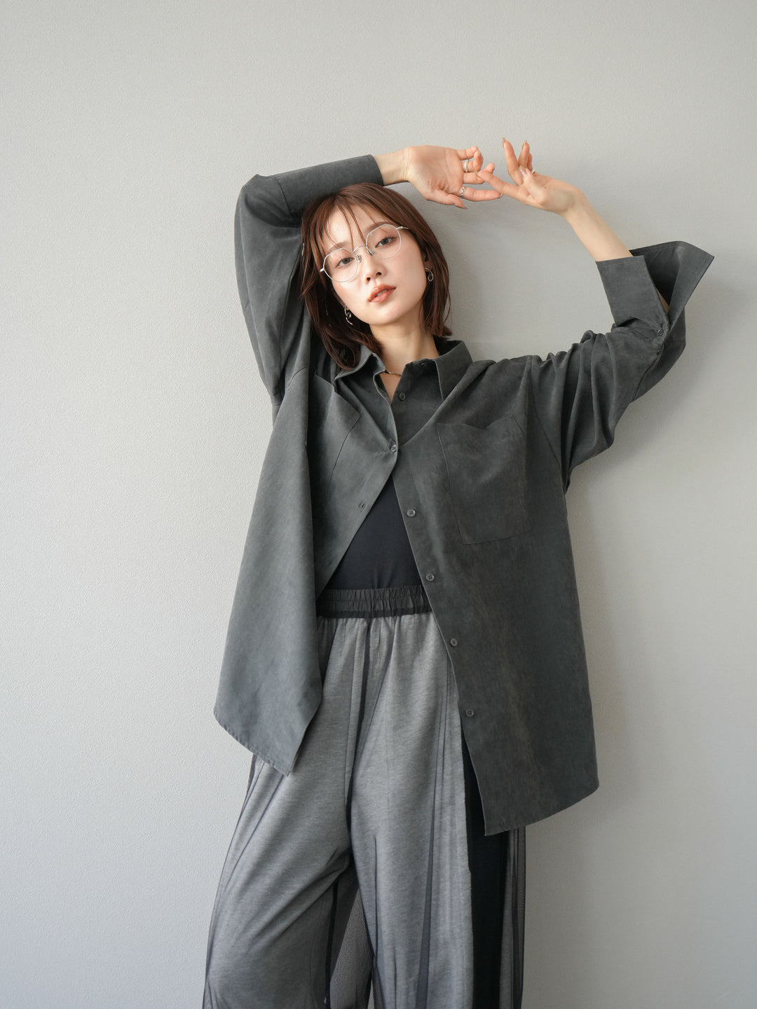 [予約]スエードライクBIGカフスオーバーシャツ/チャコール