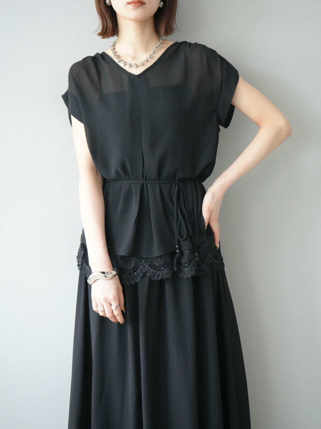 [SET]シフォンブラウス＆レースデザインフレアスカートSET UP(2set)