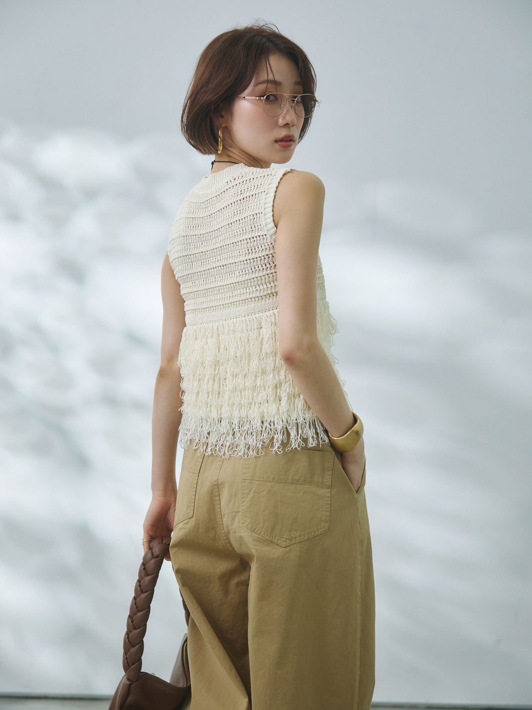 【Allure】[SET]フリンジクロップドニットベスト+カットオフコットンツイルタックワイドパンツ(2set)