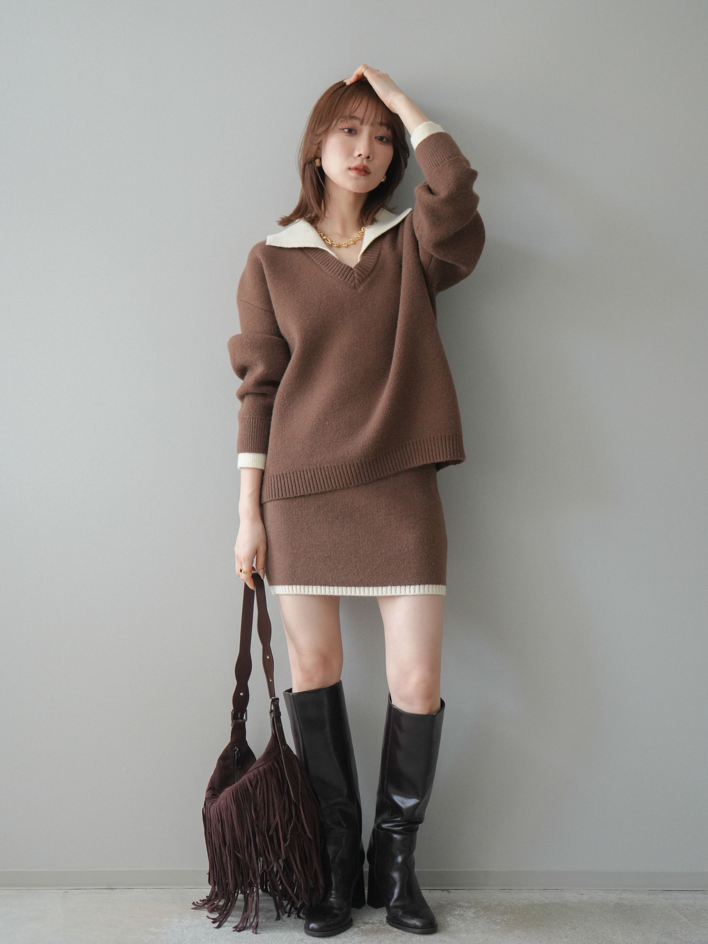 SET]配色襟ニット＆ミニスカートSET UP(2set) – Lumier