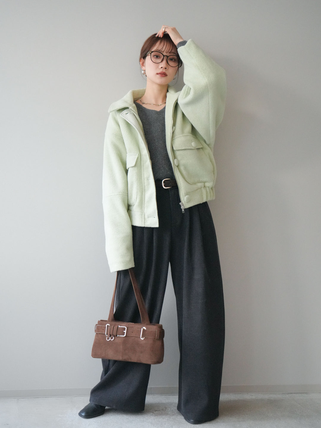 [SET]ウールライクフライトジャケット+シュシュ付きアンゴラタッチVネックニットプルオーバー+アニマル柄ベルト付きウールタッチワイドパンツ(3set)