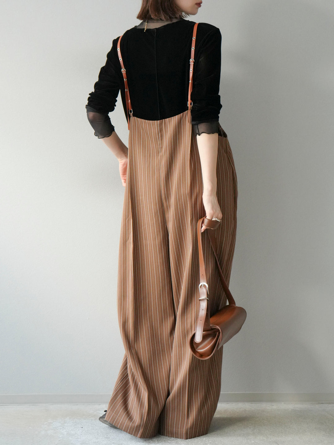 [SET]ヘリンボーンストライプサロペット+シアー切替ベロアトップス(2set)