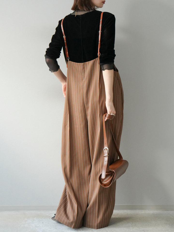 [SET]ヘリンボーンストライプサロペット+シアー切替ベロアトップス(2set)