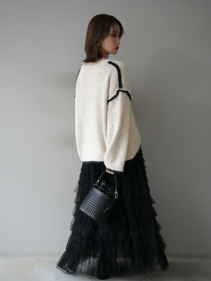 [SET]バイカラーレイヤードデザインニットプルオーバー+チュールティアードスカート(2set)