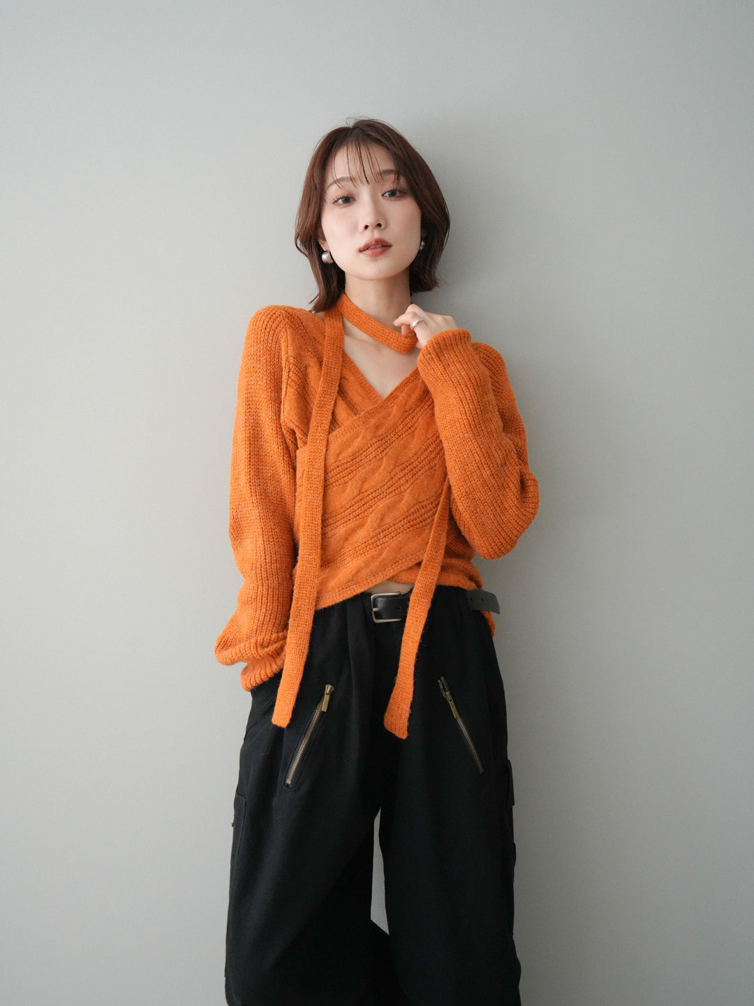[予約]ケーブル編みクロスニットトップス/orange