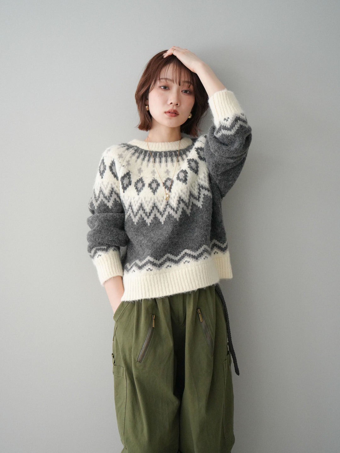 [予約]ノルディック柄ニットプルオーバー/gray