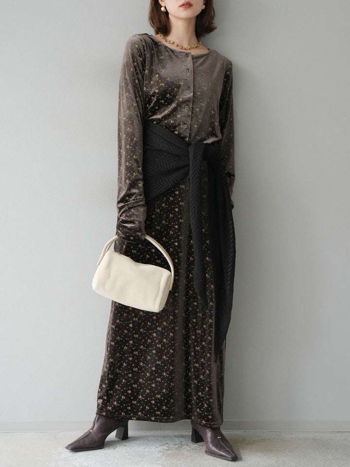 [予約]ベロアフラワープリントカーディガン/ブラウンxイエロー