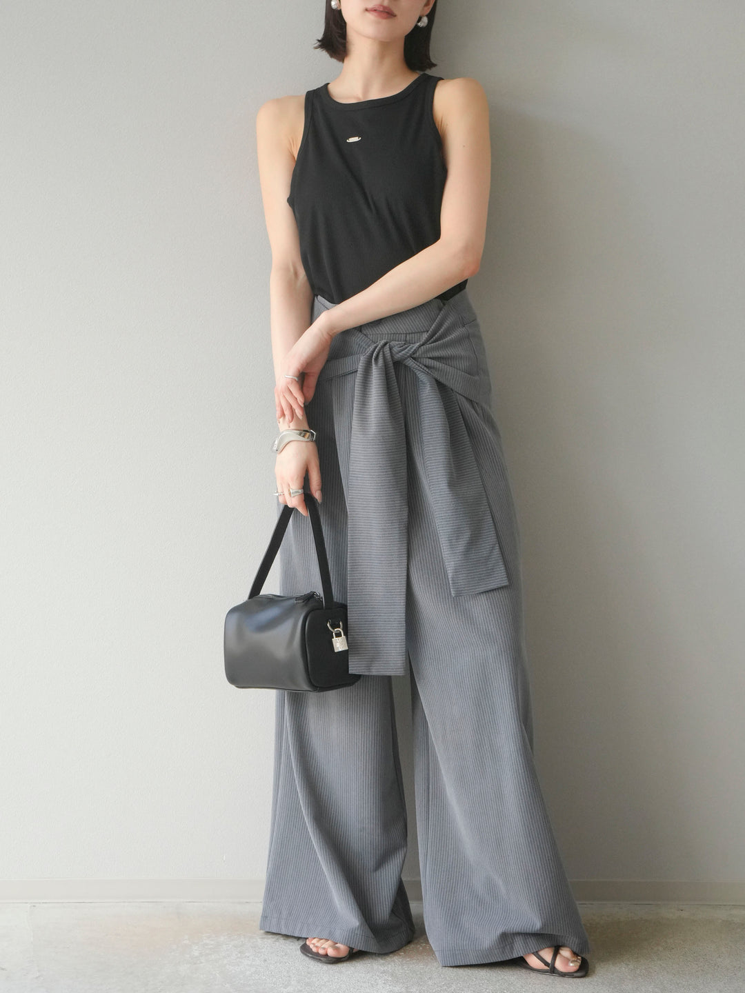 【預購】條紋裹腰寬褲/灰色