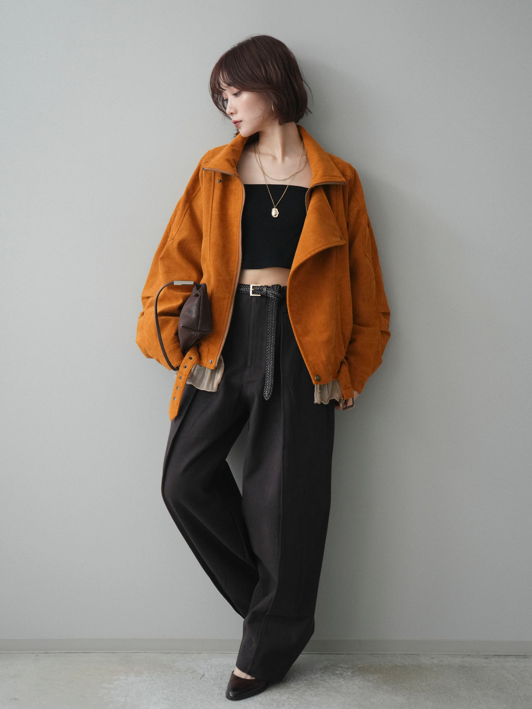 [SET]コーデュロイライダース裾レースブルゾン+コットンツイルカーブパンツ(2set)