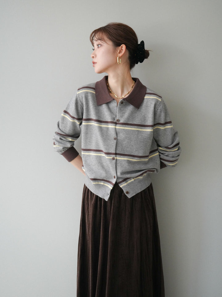 [予約]配色マルチボーダーポロニットカーディガン/gray