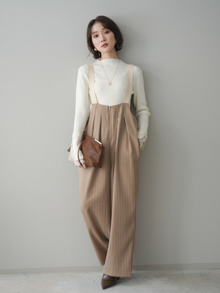 [SET]袖スカラップレースオフネックニットトップス+グログランテープストライプサロペット(2set)