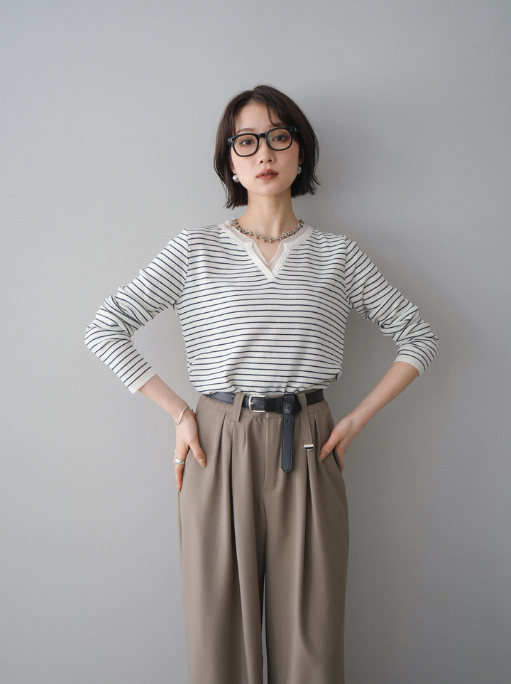 [SET]チュールレイヤードデザインボーダーニットトップス+ベルト付キーホルダーモチーフワイドパンツ(2set)