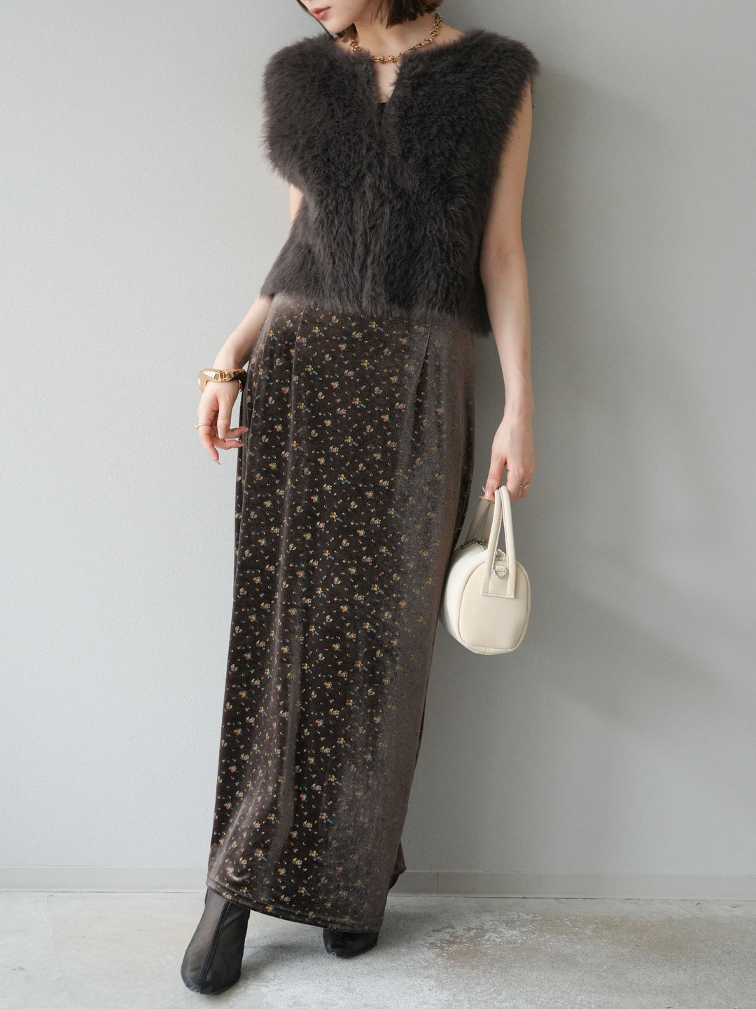 [予約]ベロアフラワープリントIラインスカート/ブラウンxイエロー