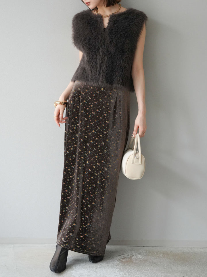 [予約]ベロアフラワープリントIラインスカート/ブラウンxイエロー