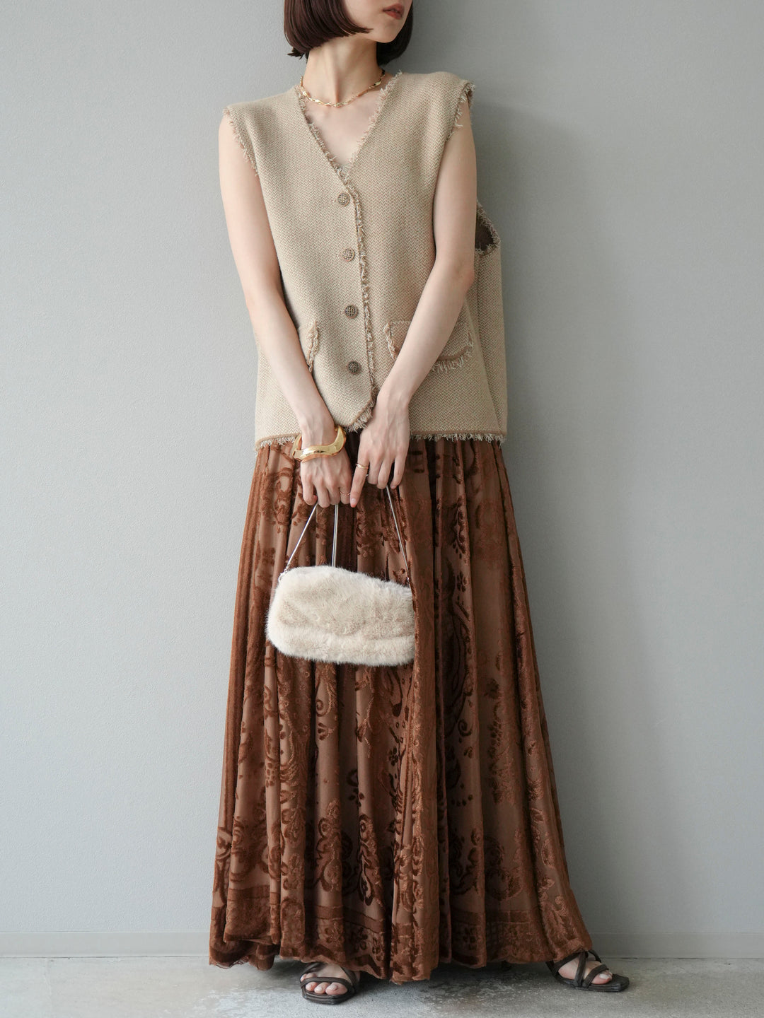[予約]アンティーク柄フロッキーマキシスカート/ブラウン