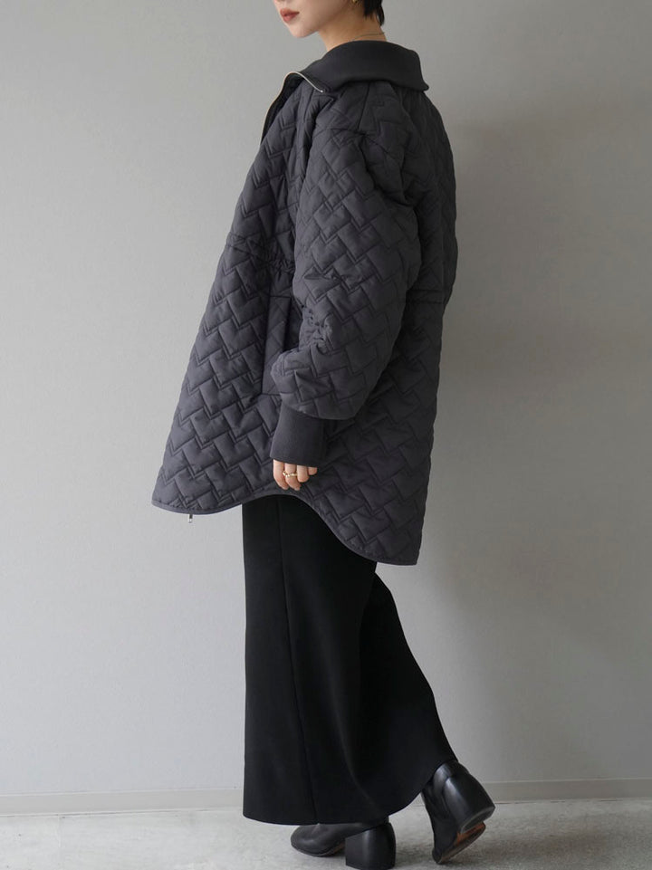 [Pre-order] Geometric quilted drawstring design mid-length blouson/charcoal