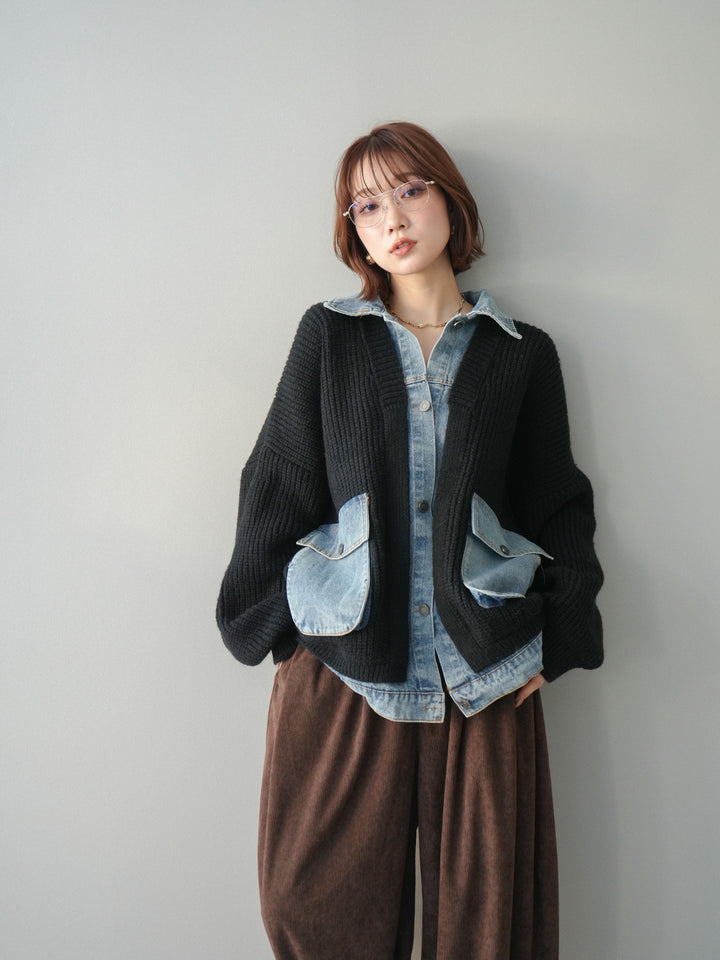 [SET]デニムドッキングオーバーニットジャケット+コーデュロイサイドタックコクーンパンツ(2set)