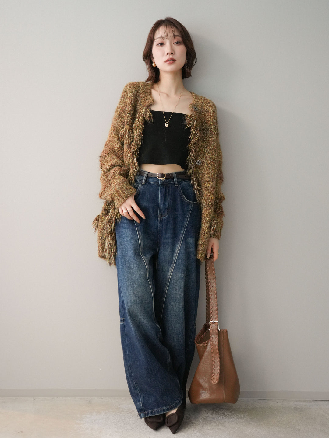 [SET]ミックスヤーンフリンジデザインニットジャケット+裏起毛加工デニムカーブパンツ(2set)