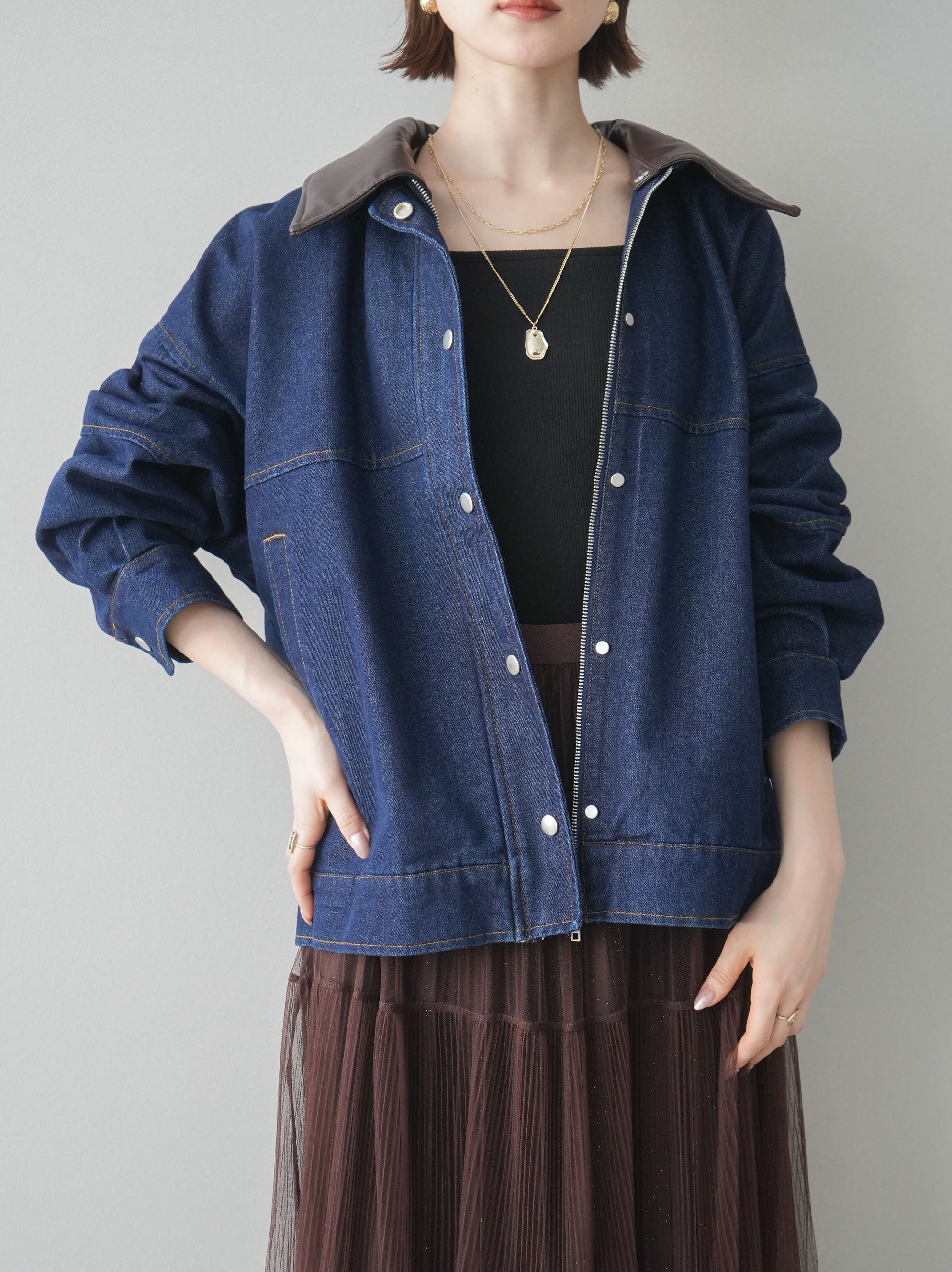 SET]配色襟レザーデニムブルゾン+ラメプリーツレイヤードチュール