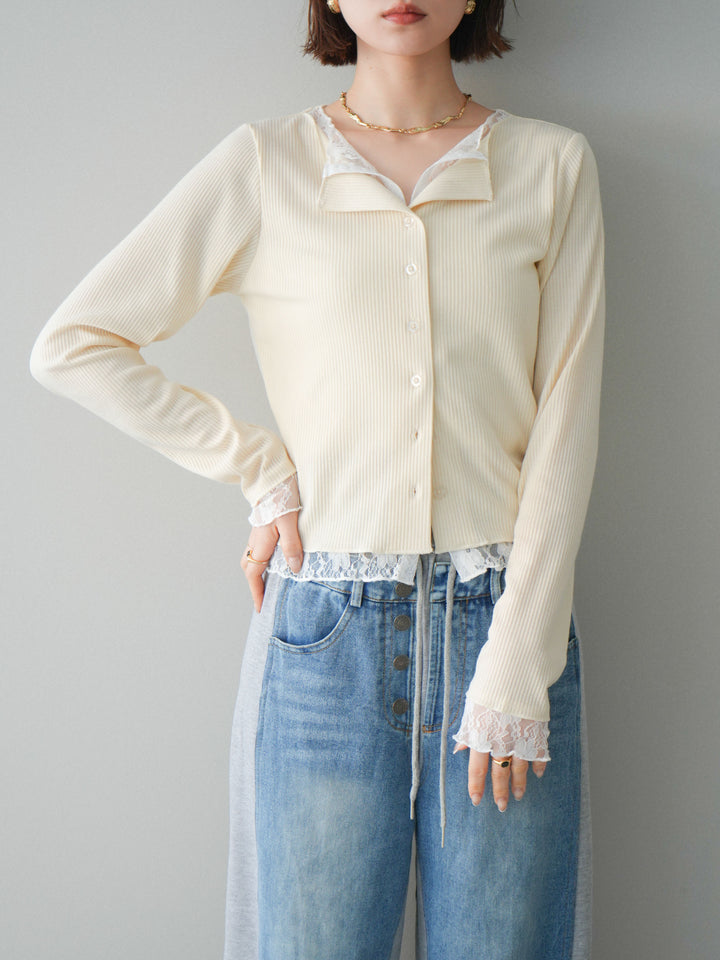 [SET]レースドッキングテレコリブカーディガン+デニム切替スウェットパンツ(2set)