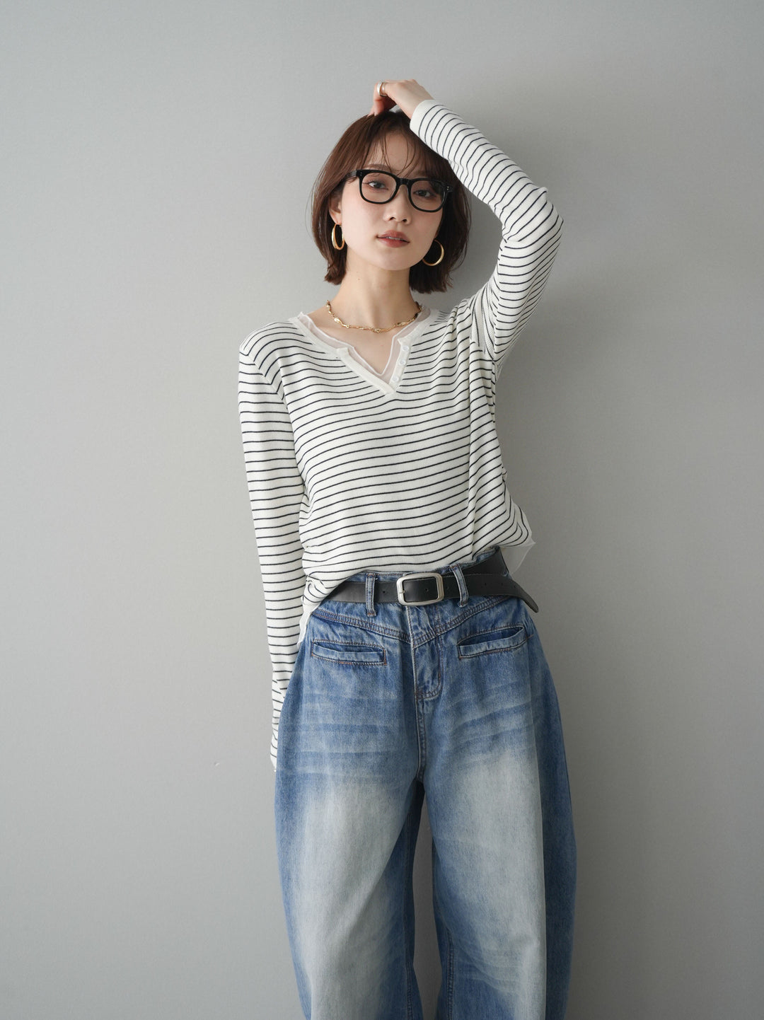 [SET]チュールレイヤードデザインボーダーニットトップス+選べるアクセセット(2set)